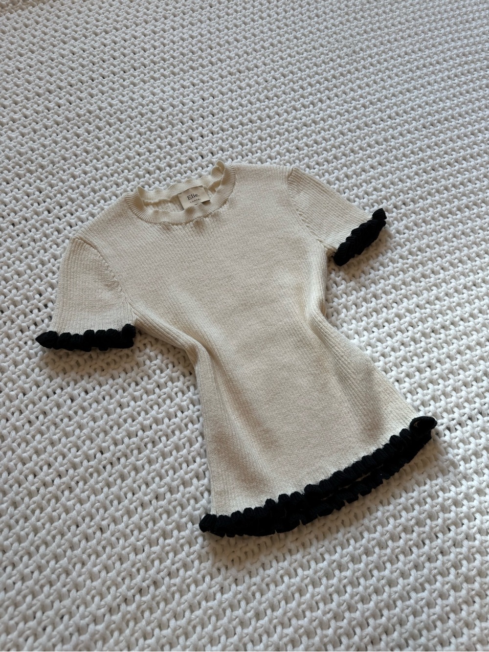 Tahari Cream Ruffle-Trim Knit Top - Picture 2 of 6